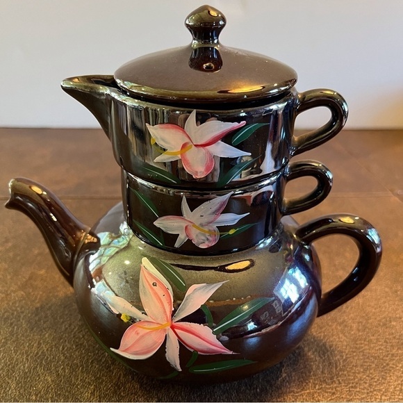Vintage Stackable Brown Betty Teapot for one with Creamer and Sugar Bowl - Picture 15 of 15